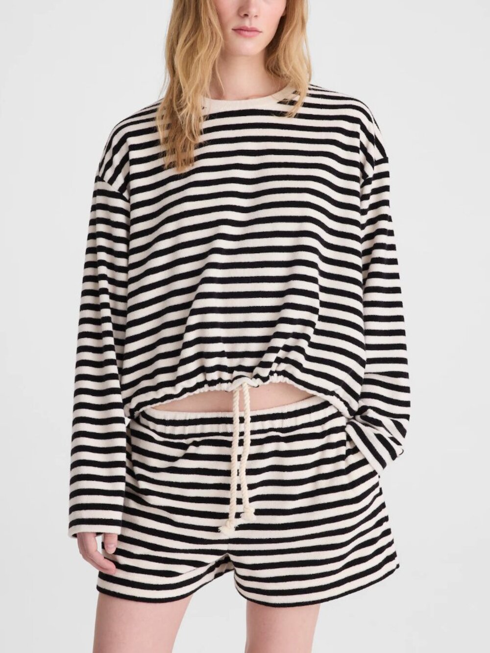 Madewell Tie Waist Terrycloth Crewneck Long Sleeve Top Black White Striped S NWT